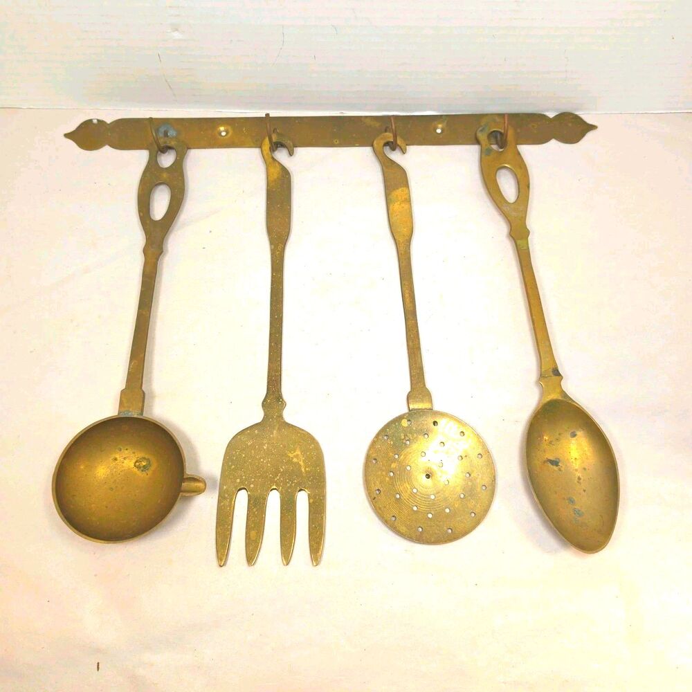 Brass Hanging Decorative 5pc Kitchen Utensils Strainer Fork Spoon Ladle Unmarked